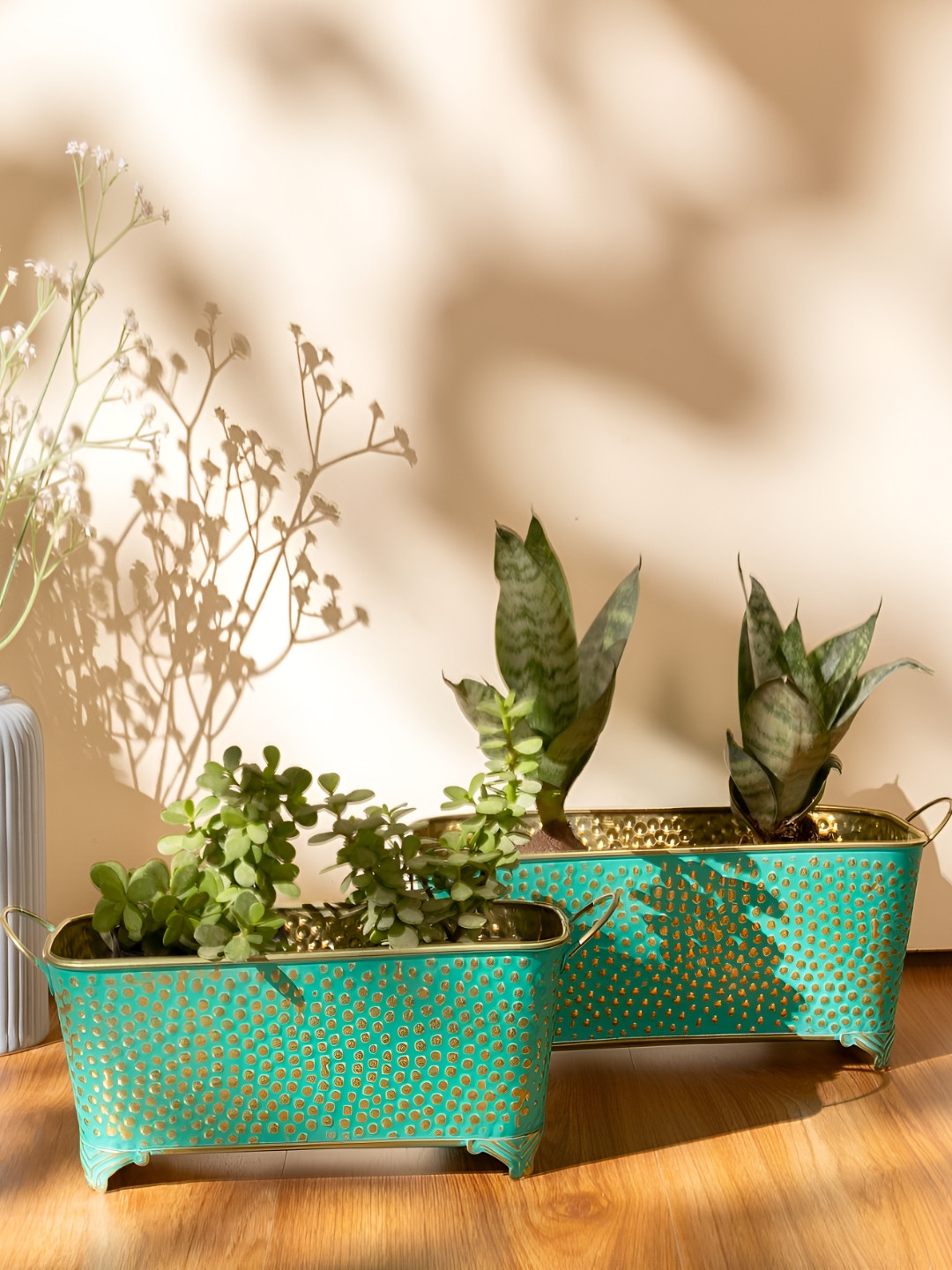 THREADVIBE LIVING Set Of 2 Green & Yellow Polka Dotted Long Basket Planters