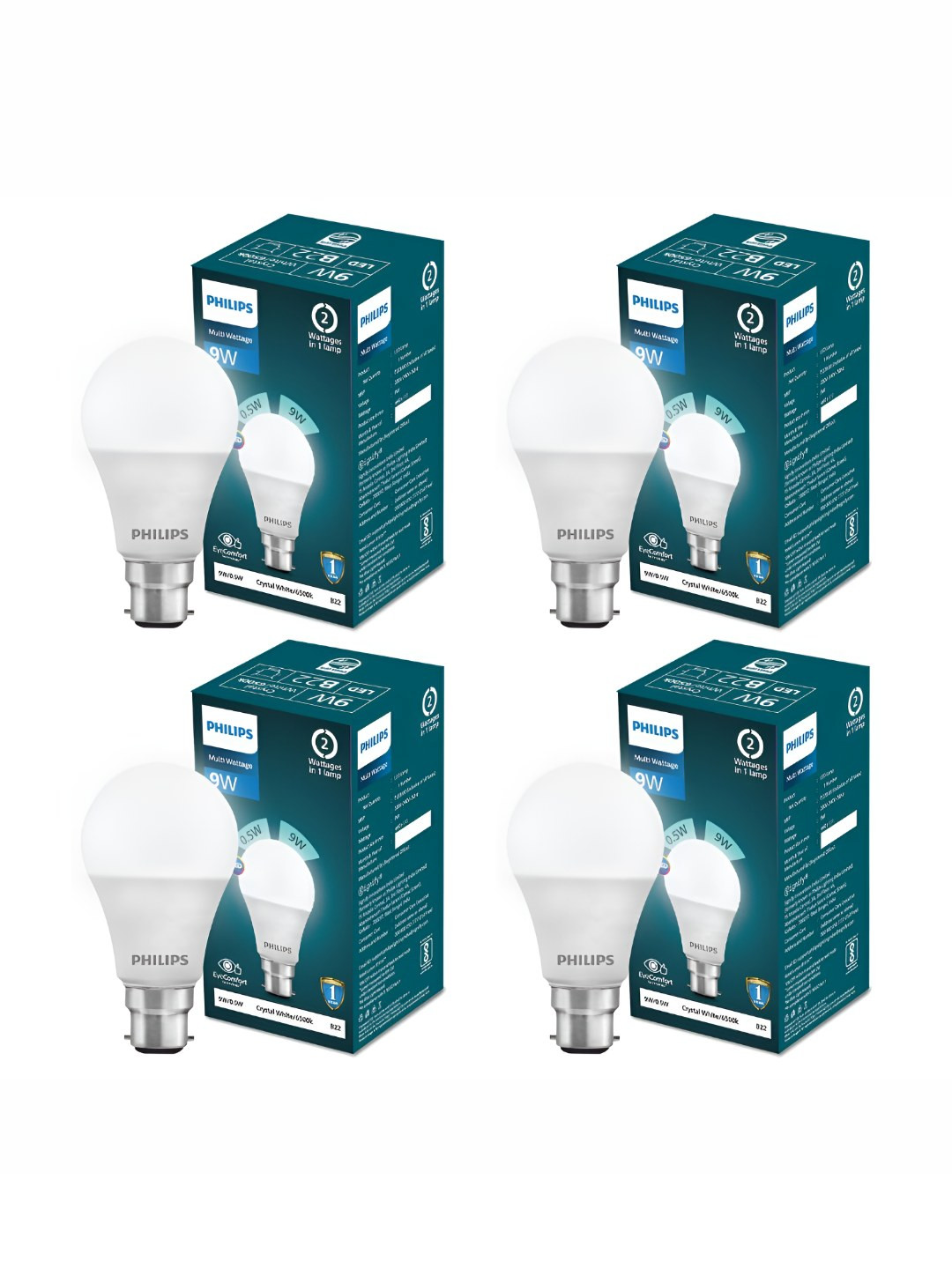Philips 4 Pcs Multi Wattage 6500K Eye Comfort Technology Light Bulb - Crystal White