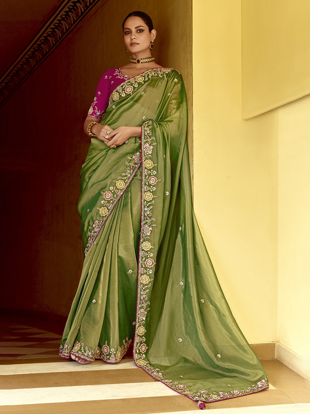 MAHALASA Ethnic Motifs Embroidery Zari Organza Saree