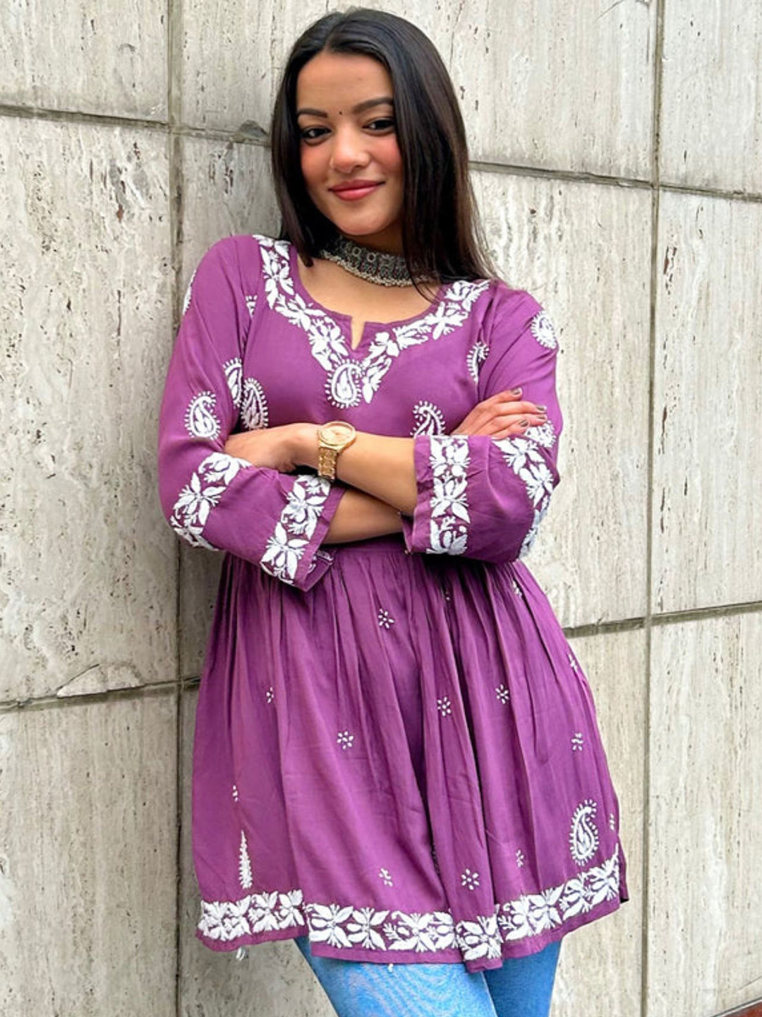 Vama Heritage Floral Embroidered Woollen Notch Neck A-Line Kurta