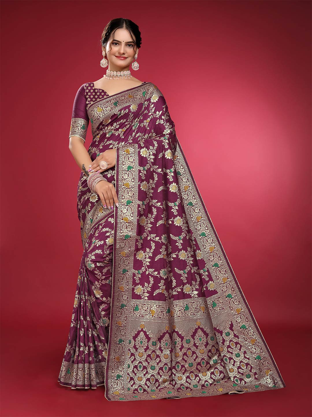 LEAFFEB Leafsy Ethnic Motifs Woven Design Zari Banarasi Saree
