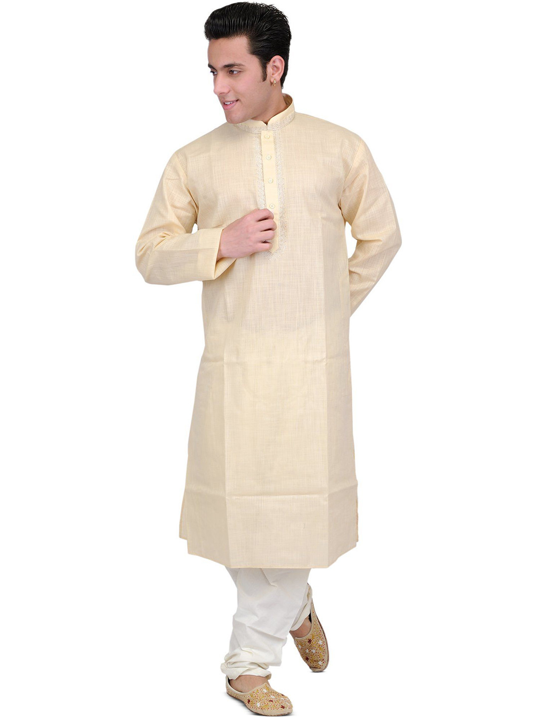 Exotic India Men Summer-Melon Plain Kurta Pajama with Thread Embroidery on Neck