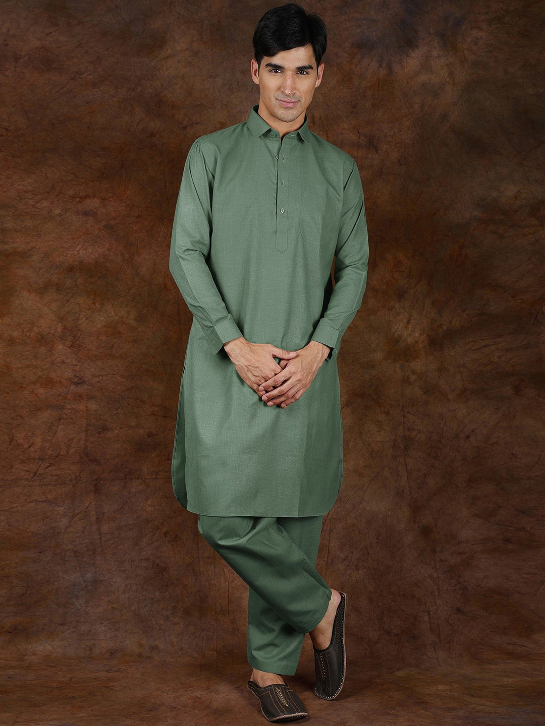 Exotic India Men Pure Cotton Pathani Kurta with Pyjama with Front Pocket