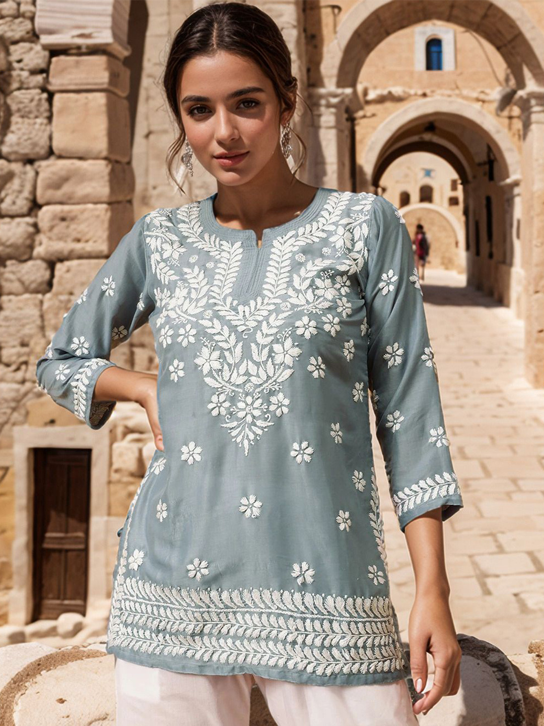 Sitaram Designer Floral Embroidered Chikankari Straight Kurti