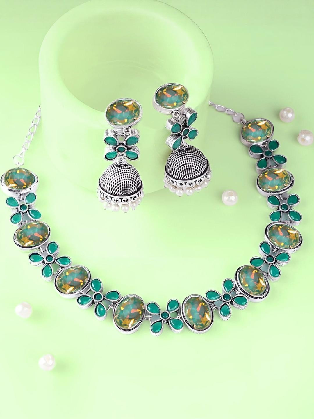 Sangria Rhodium Plated Green Crystal Choker Jewellery Set