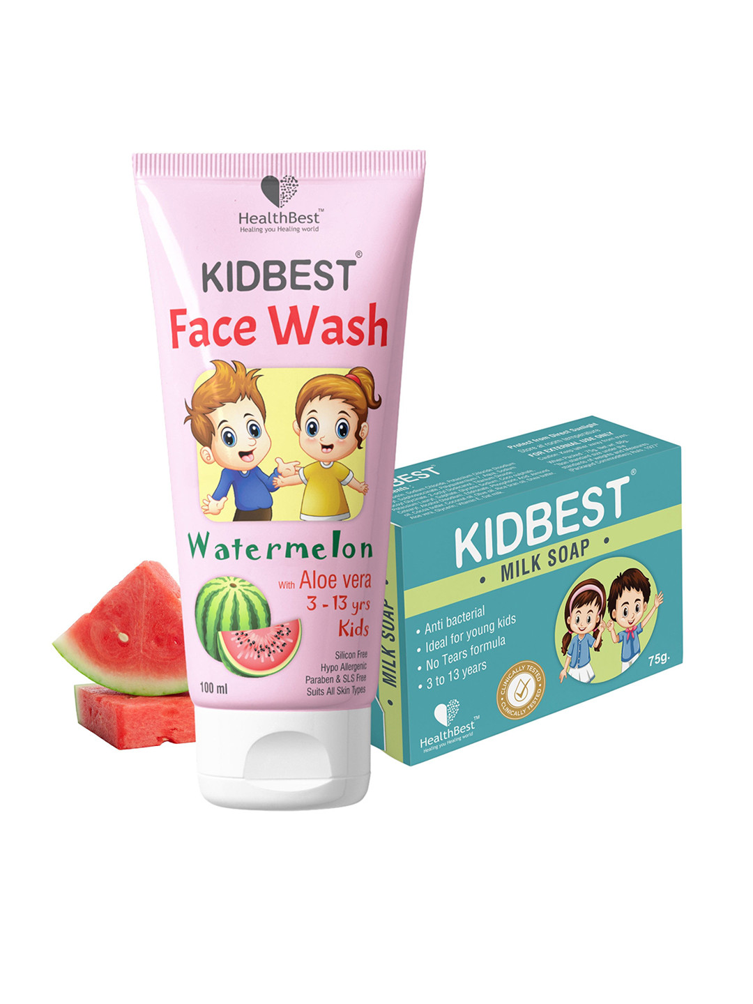 HealthBest Kidbest Set Of 2 Tear-Free Face Wash - 100 ml With Milk Soap - 75 g Kit
