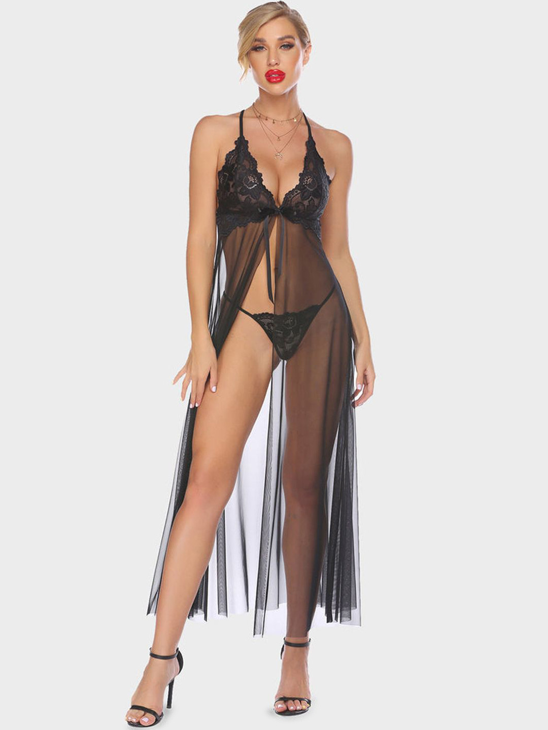 Softwrap Women Lace Shoulder Straps High Split Long Baby Doll