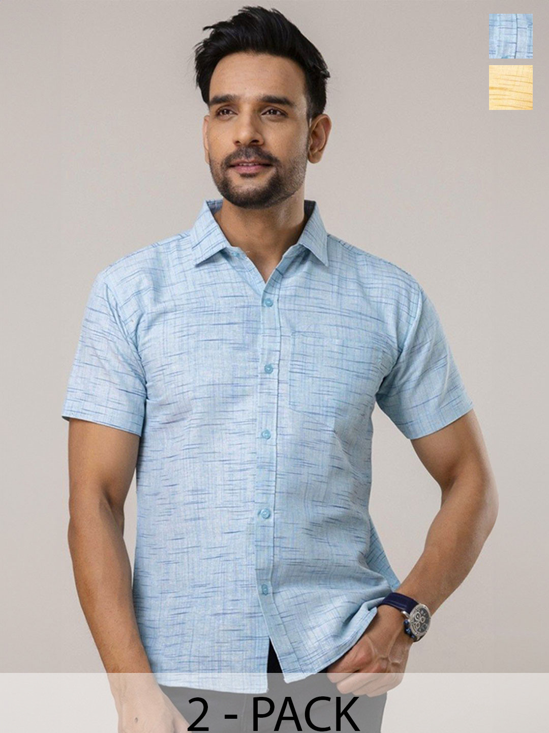 AUZAAI COLLECTION Pack Of 2 Horizontal Striped Spread Collar Khadi Cotton Casual Shirt