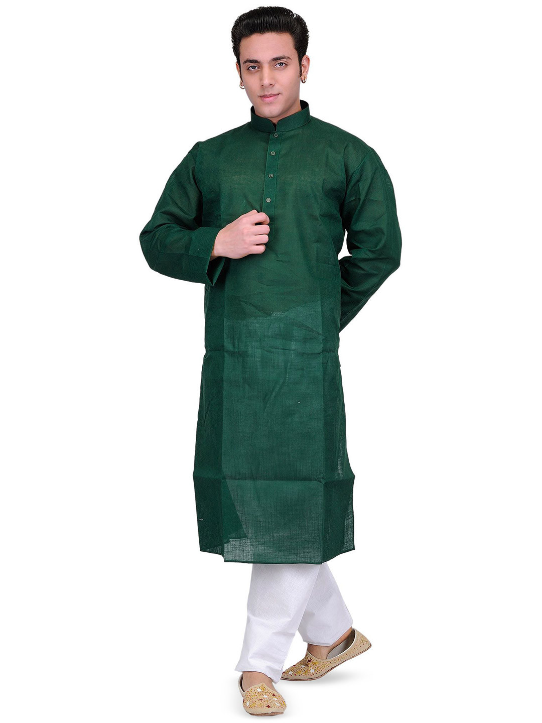 Exotic India Bistro-Green Pure Cotton Solid Plain Kurta Pajama Set