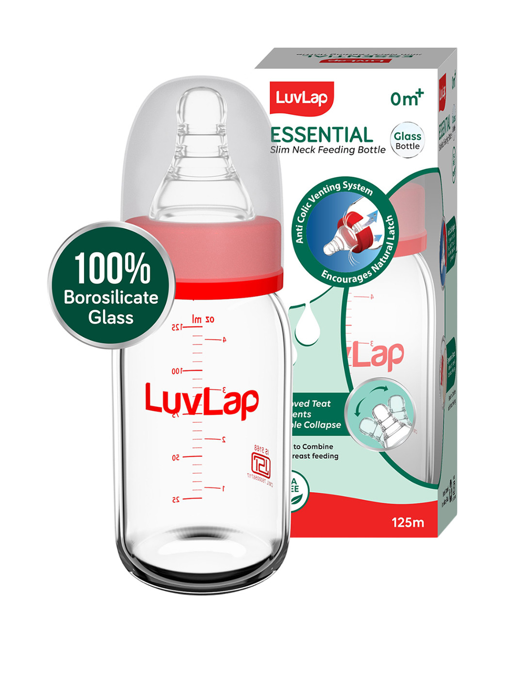 LuvLap Red Slim Neck Glass Feeding Bottle125ml