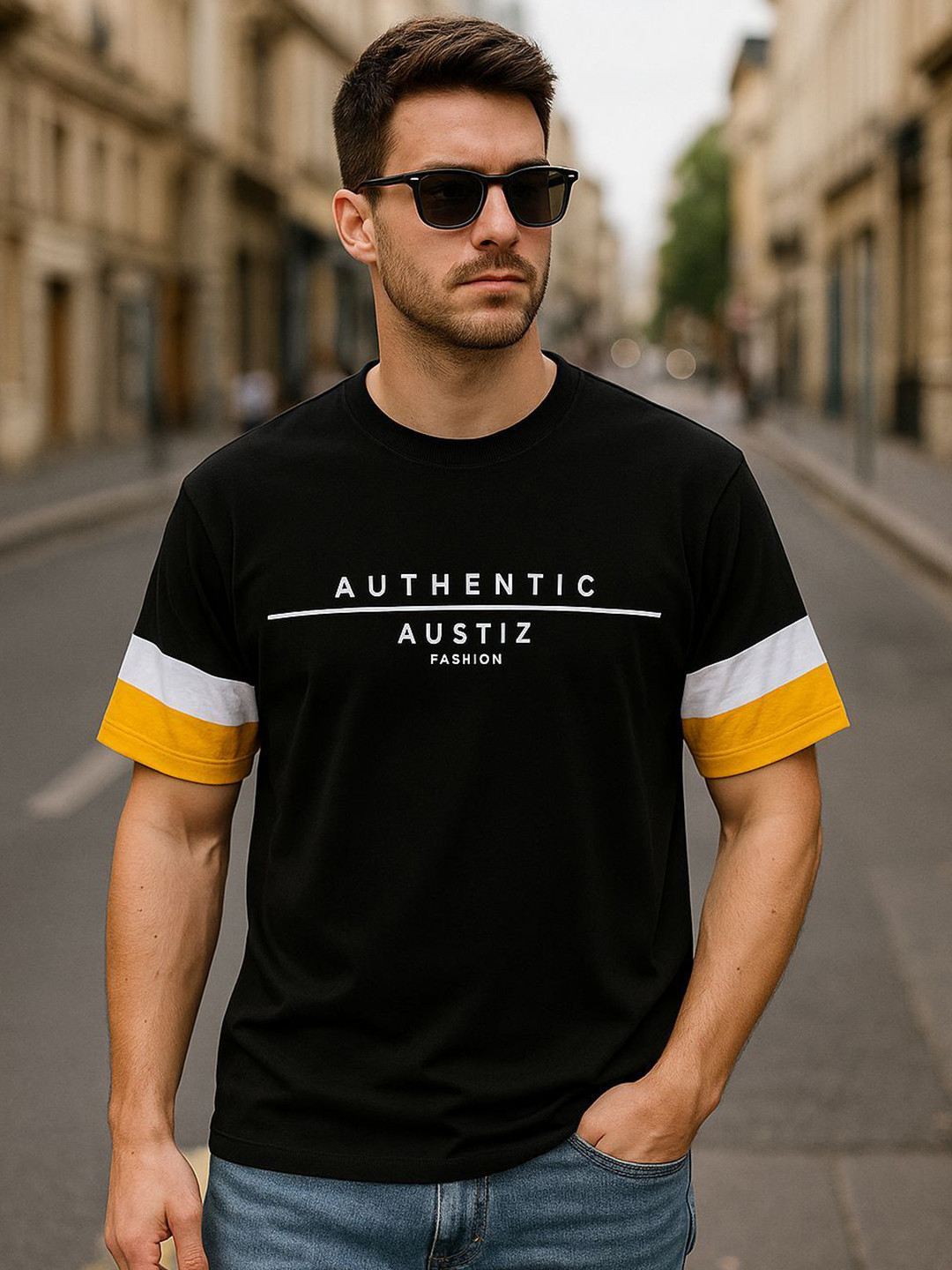 Austin wood Typography Printed Round Neck T-shirt