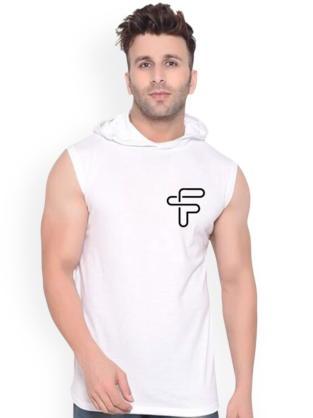 FABSTIEVE Printed Cotton Hooded Gym Vest  VK-44B_pt-112 White M