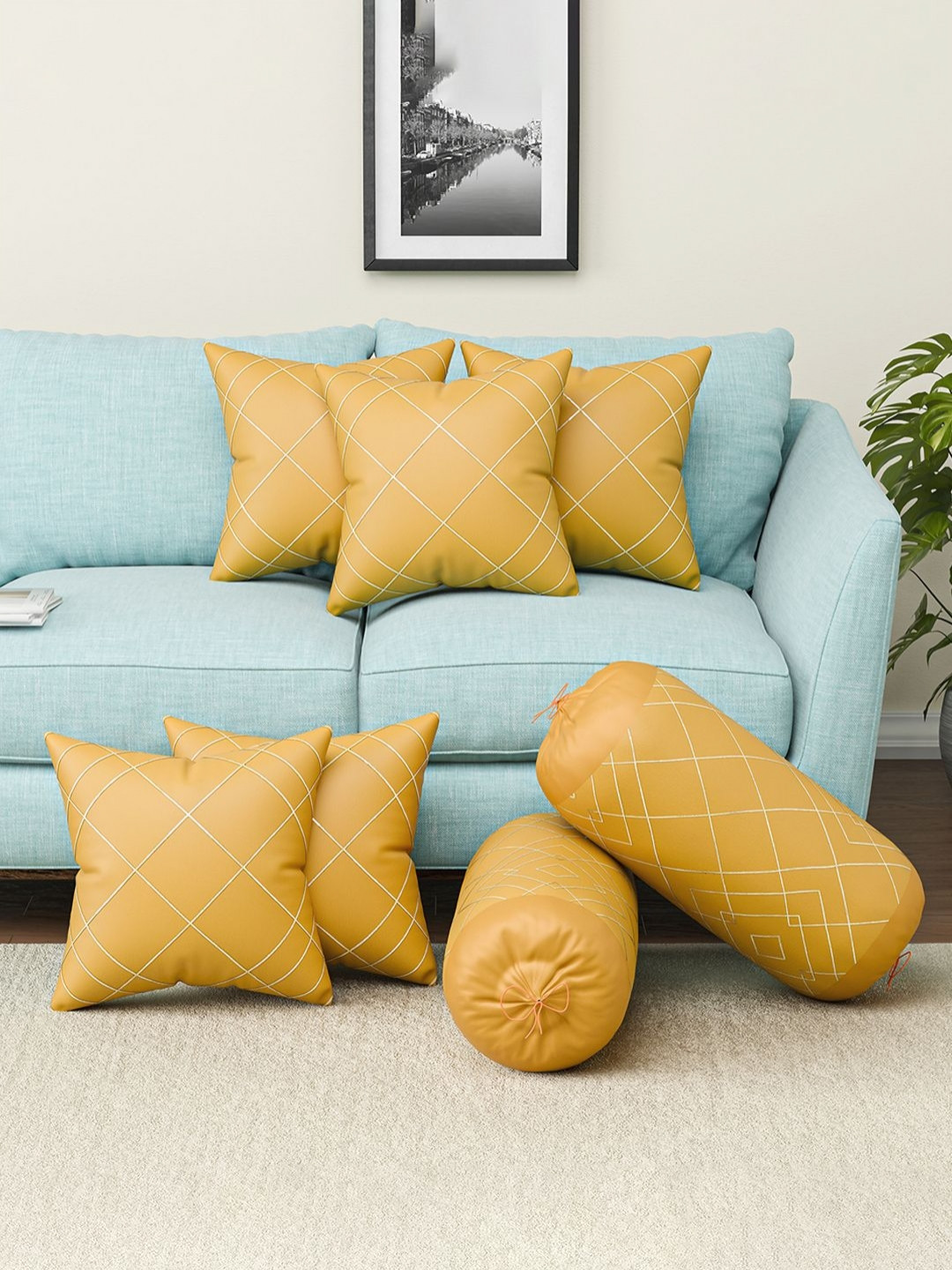 RUBOXA Yellow 7 Pieces Microfiber Checked Cushion & Bolster Covers