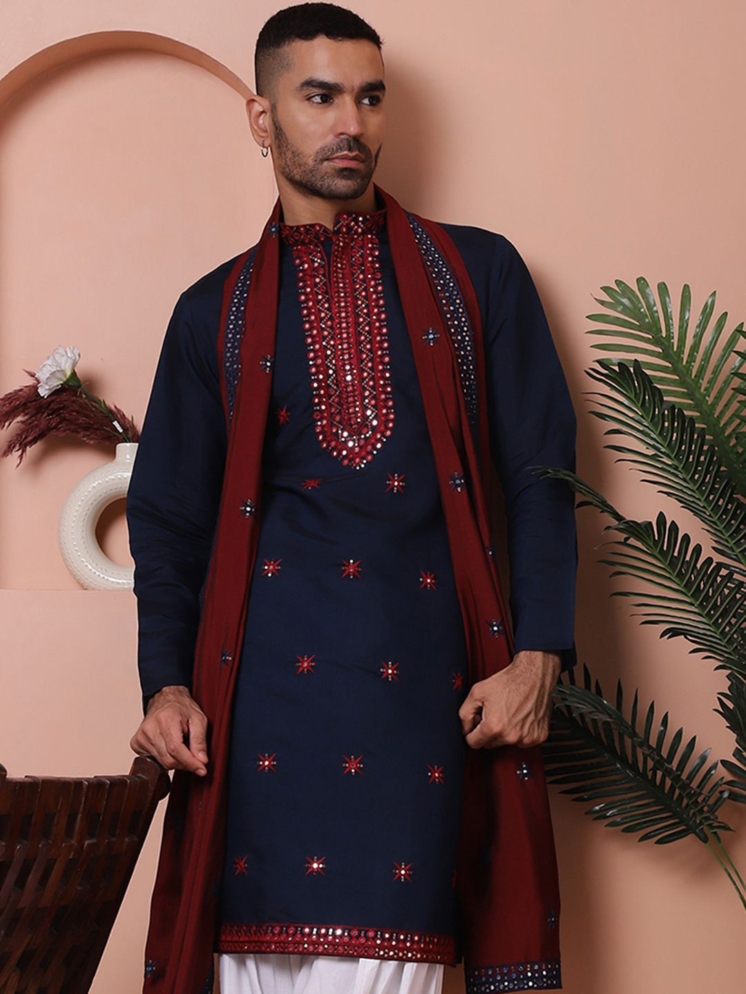 Jompers Floral Embroidered Chikankari Mandarin Collar Kurta
