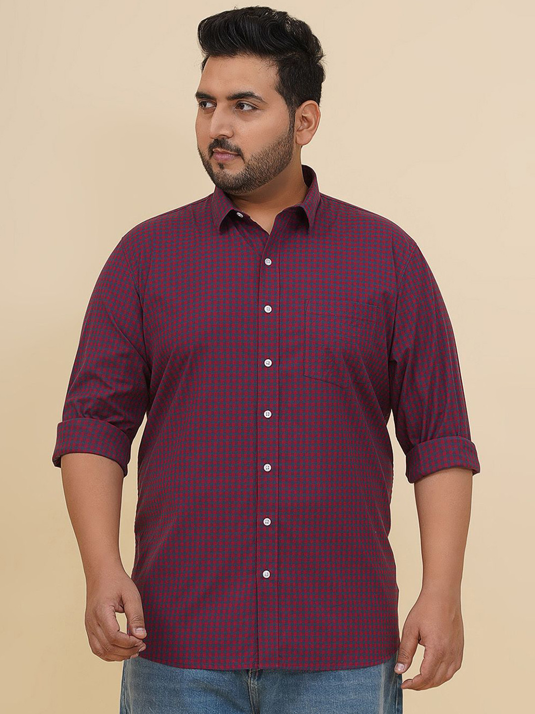 John Pride Micro Checked Spread Collar Plus Size Stretchable Casual Shirt
