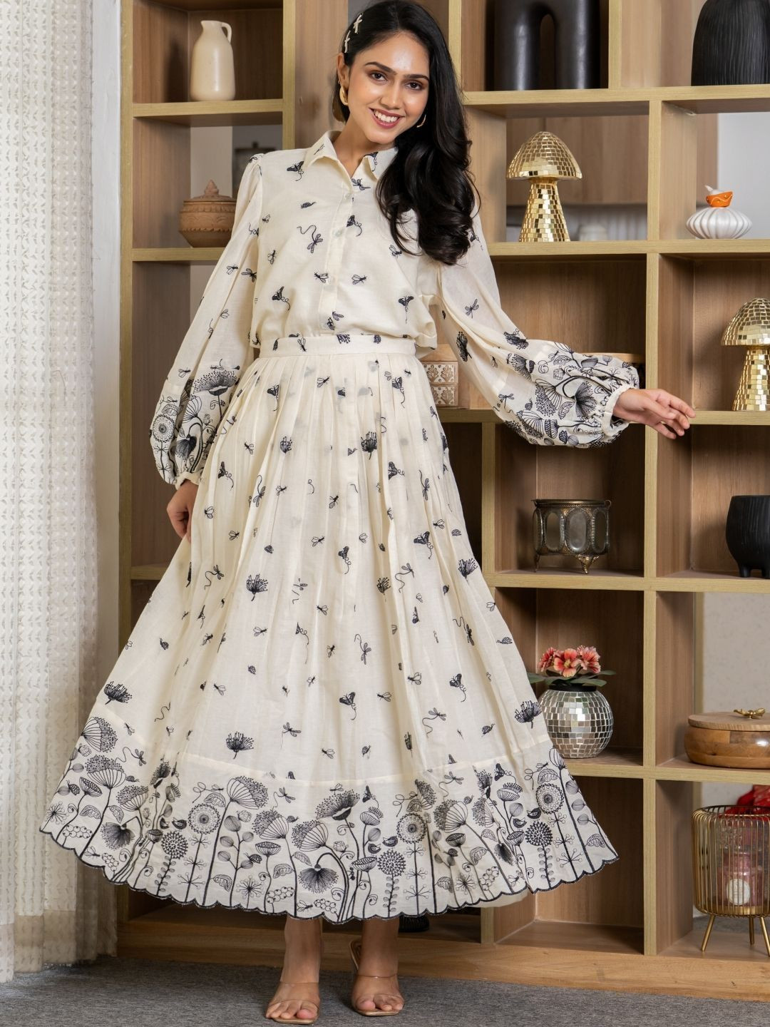 HOUSE OF JAMOTI Embroidered Shirt Collar Shirt With Skirt Eden Sketch Co Ord Set