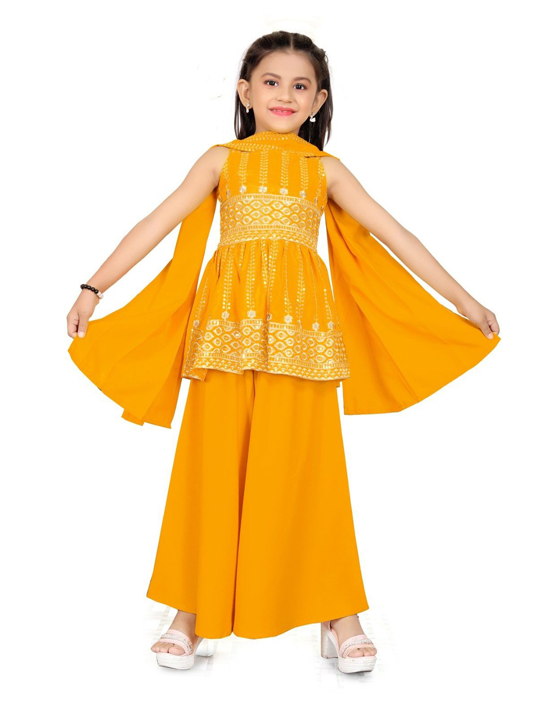 VIDDHI ETHINIC Girls Floral Embroidered Square Neck A-Line Kurta With Sharara