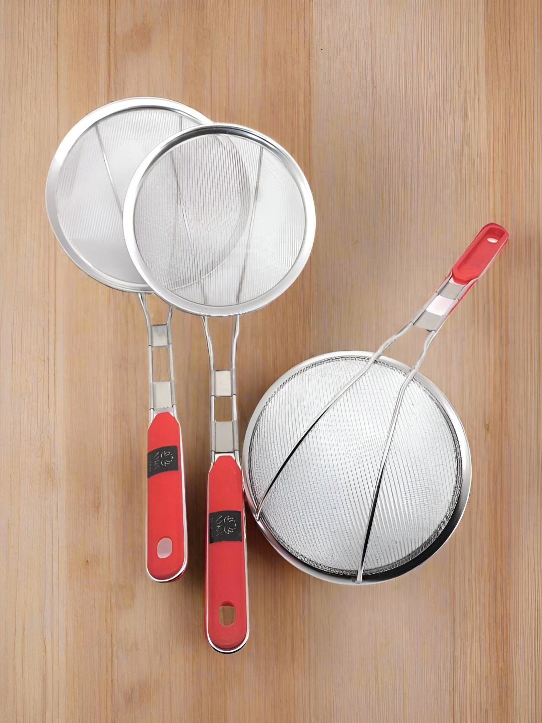 Nyra Kitchenware Steel 3 Pieces Stainless Steel Sieve Strainers With U-Shape Wooden Handle