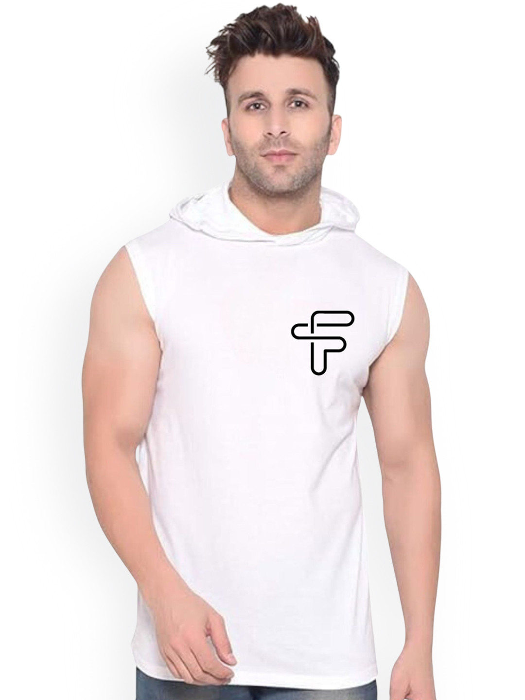FABSTIEVE Printed Cotton Hooded Gym Vest  VK-44B_pt-48 White M