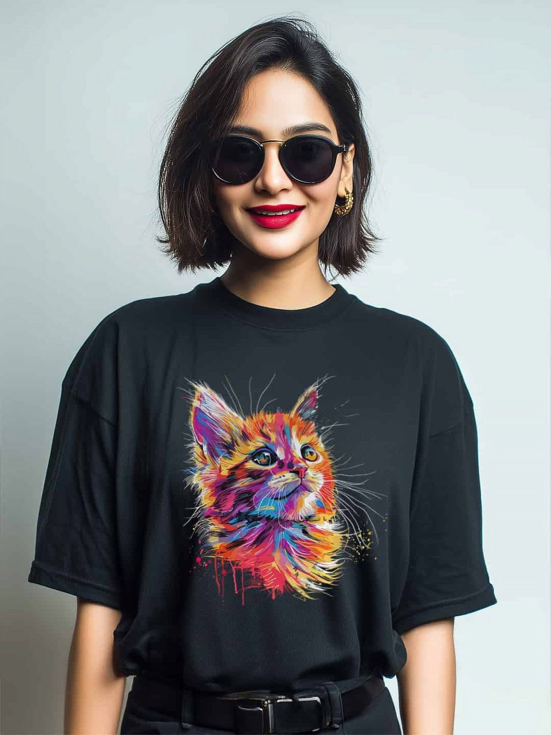 Storeily Adorable Cat Design Printed Drop-Shoulder Sleeves Cotton Oversized T-shirt