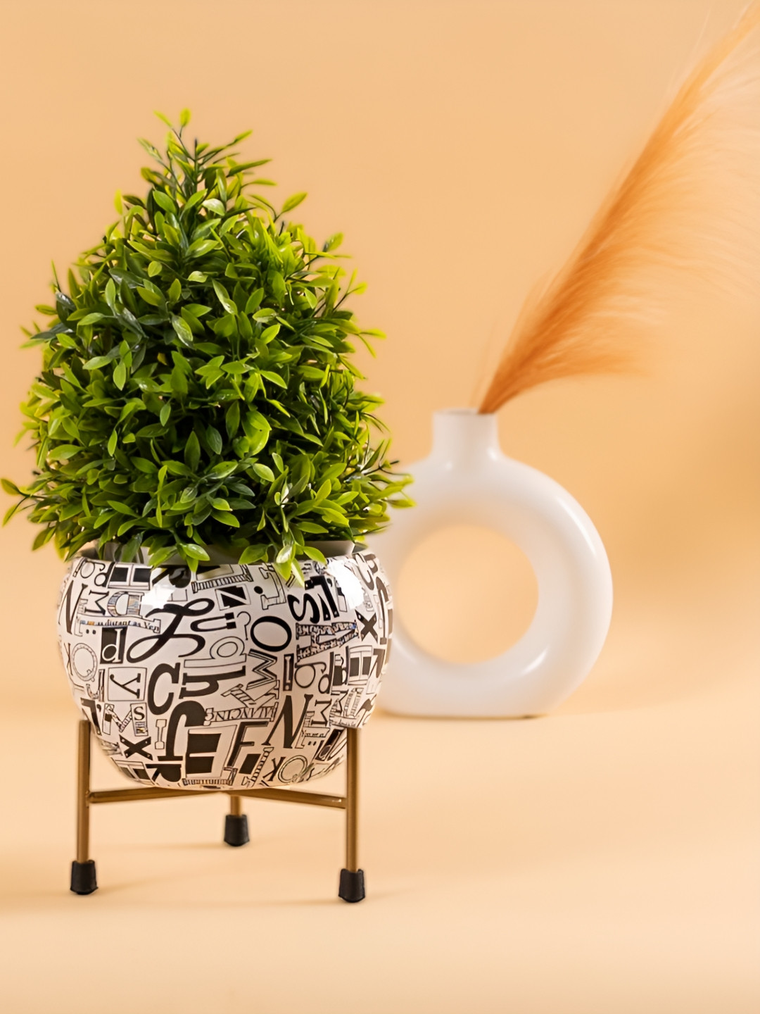 THREADVIBE LIVING White & Black Round Iron Metal Meena Pots With Iron Stand