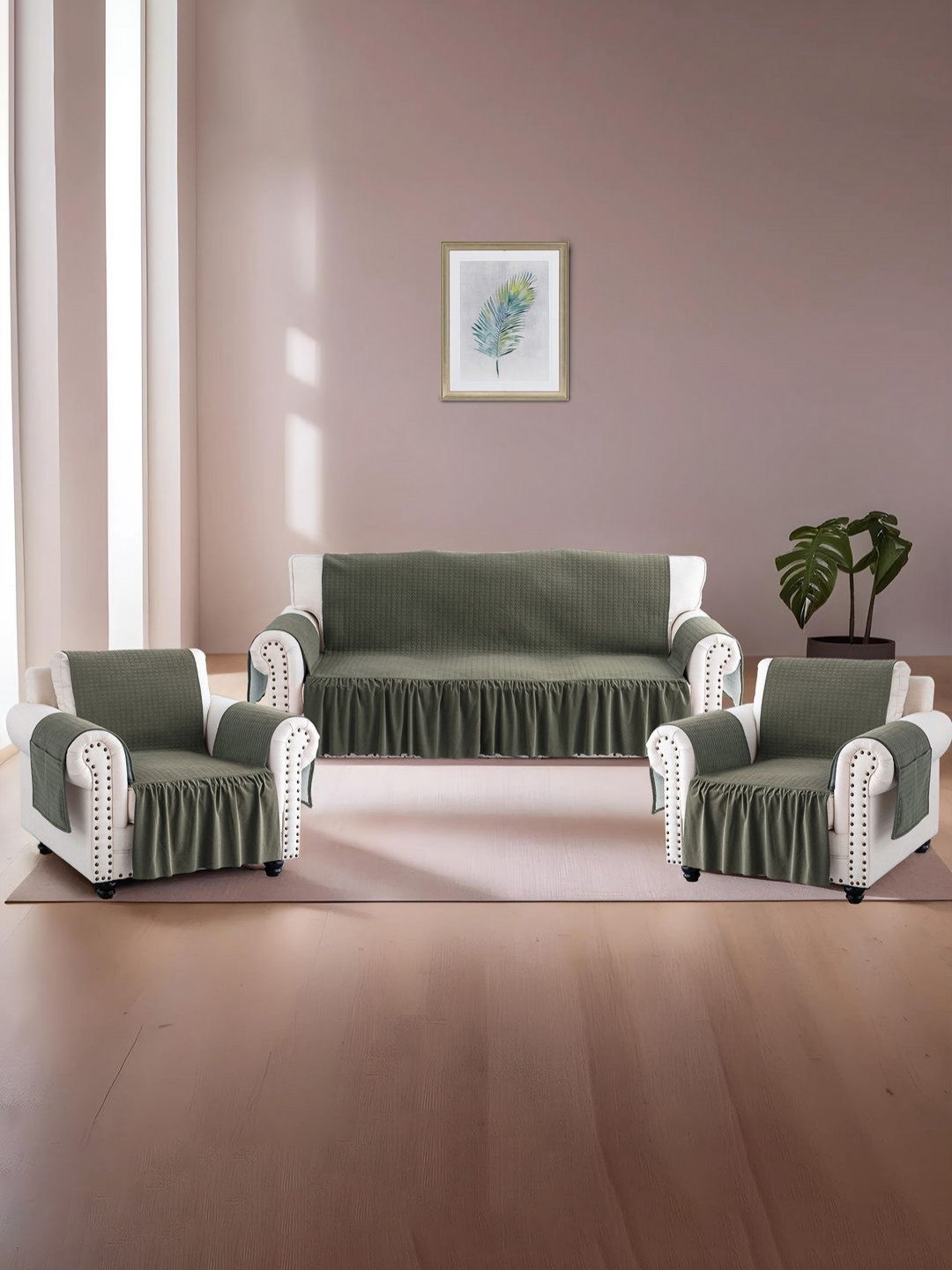 RUBOXA Green 3 Pieces Self Design Velvet 5 Seater Sofa Covers With Pocket Arms