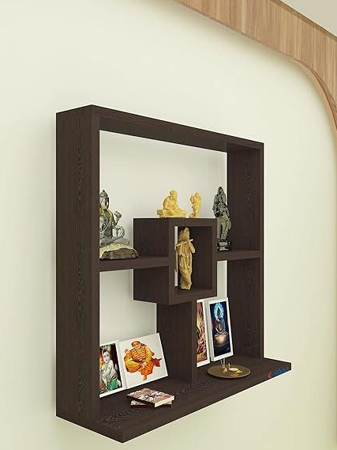ANIKAA Maroon Wooden Wall Mount Mandir Shelf