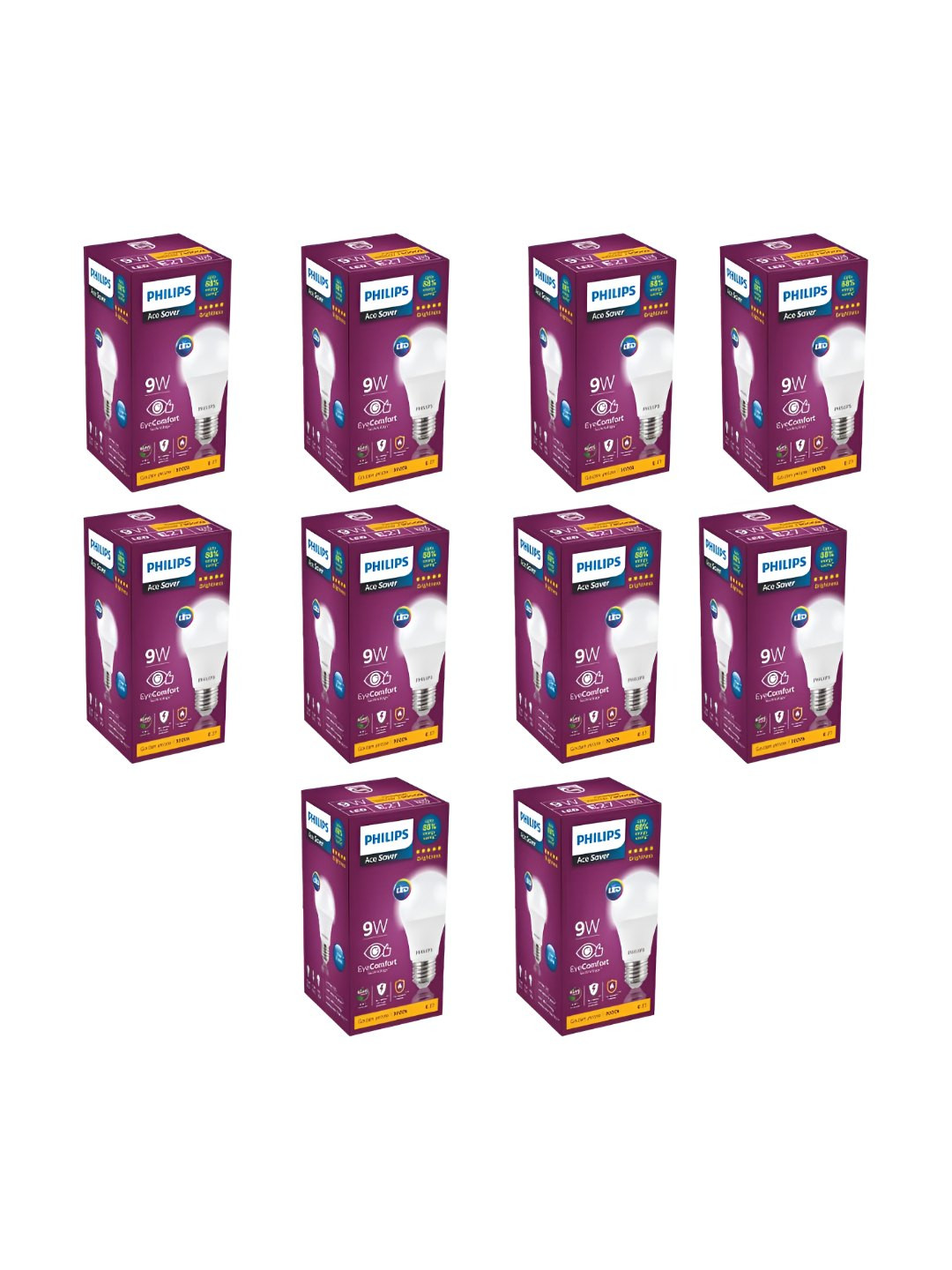 Philips 10 Pcs Ace Saver 9W Eye Comfort Technology Light Bulb - Golden Yellow