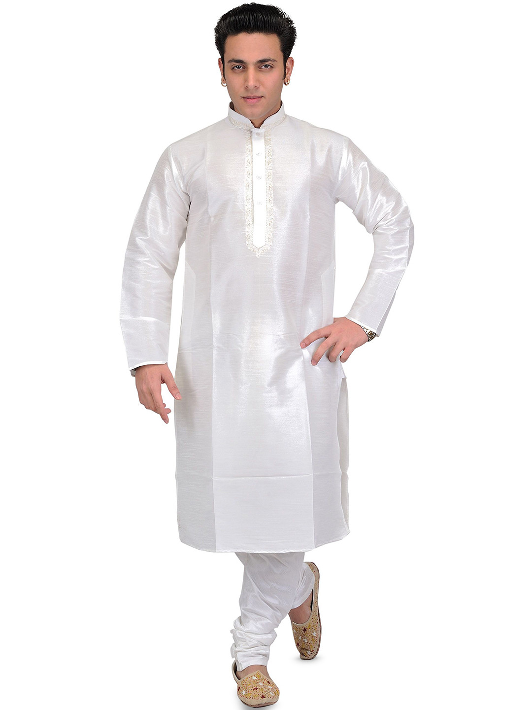 Exotic India Men Bright White Art Silk Plain Wedding Kurta Pajama with Embroidery on Neck