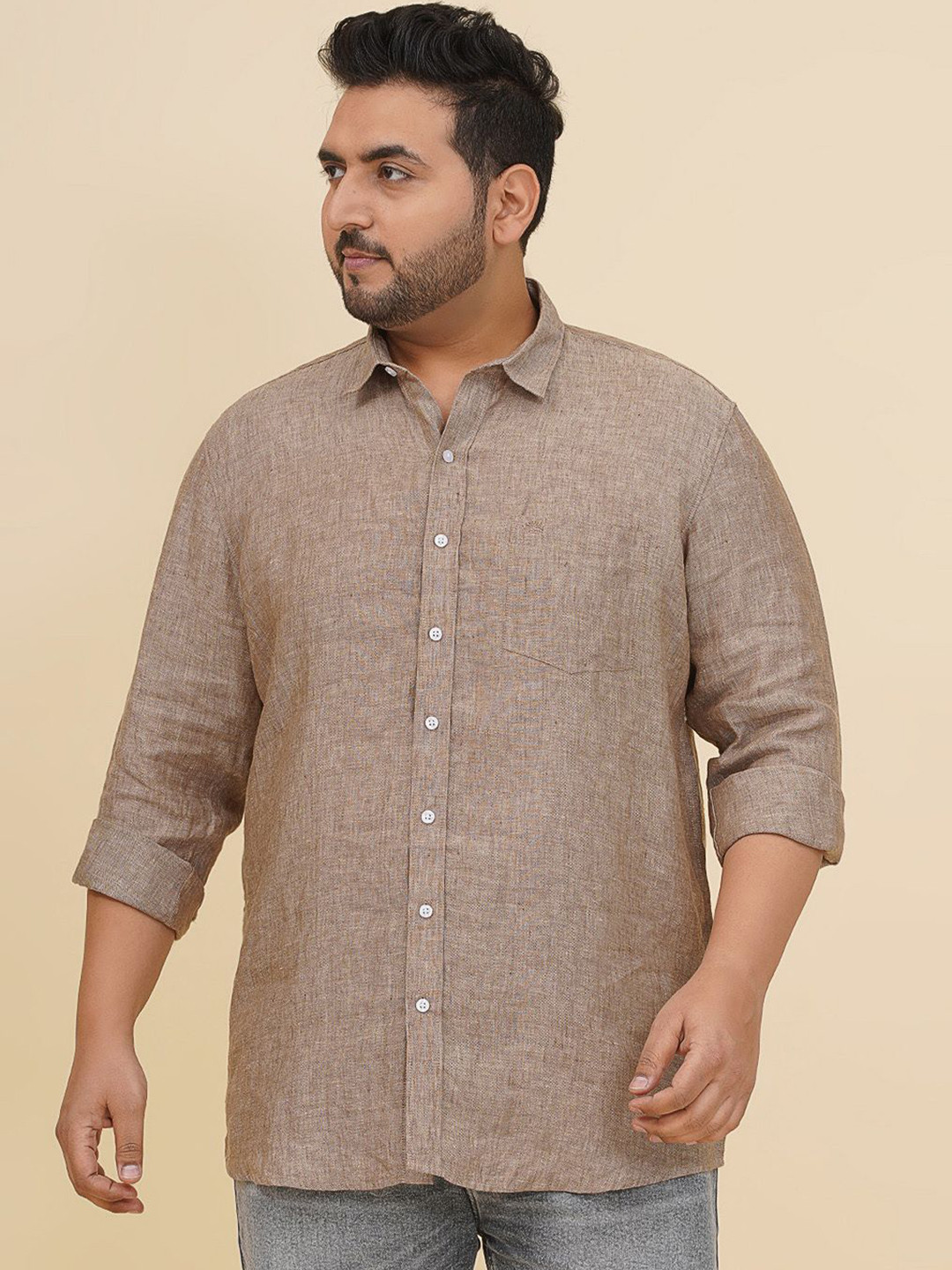 John Pride Spread Collar Pure Linen Plus Size Casual Shirt