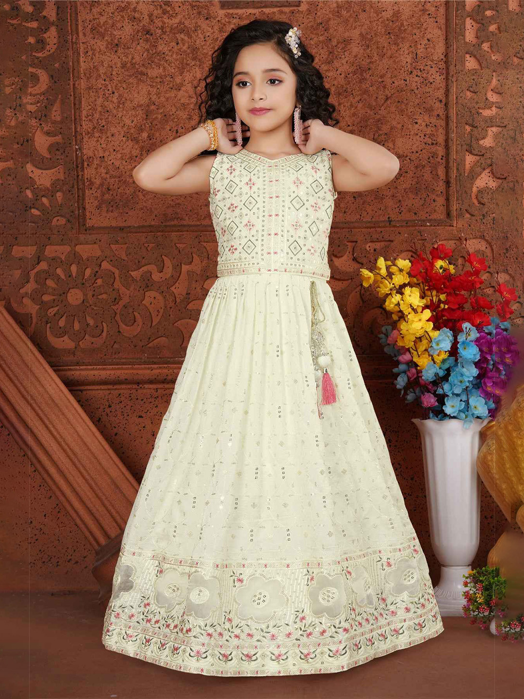 Lagorii Girls Floral Embroidered Sequinned Silk Chiffon Ready to Wear Lehenga & Blouse