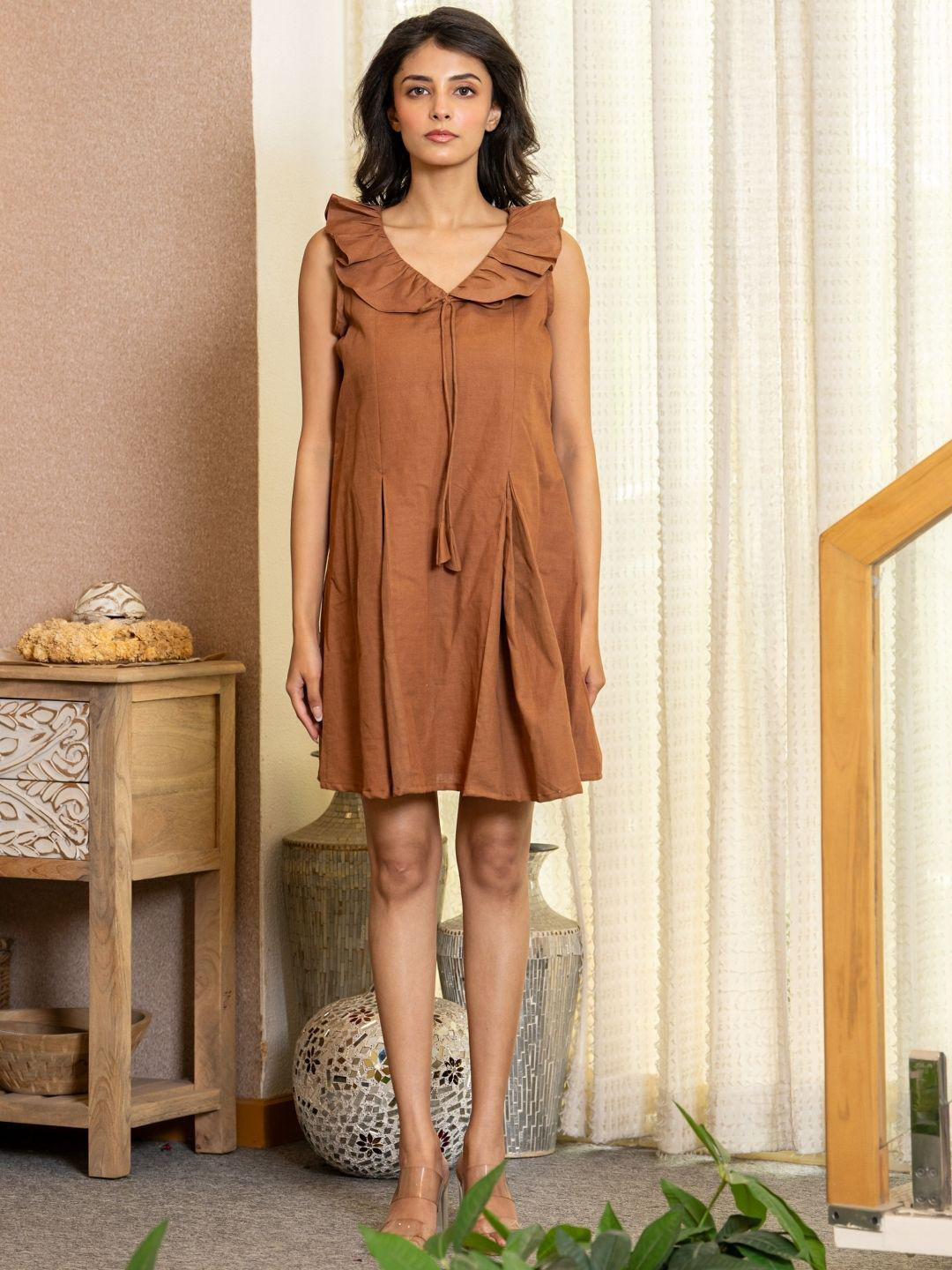HOUSE OF JAMOTI Linen A-Line Mocha Ruffle Dress
