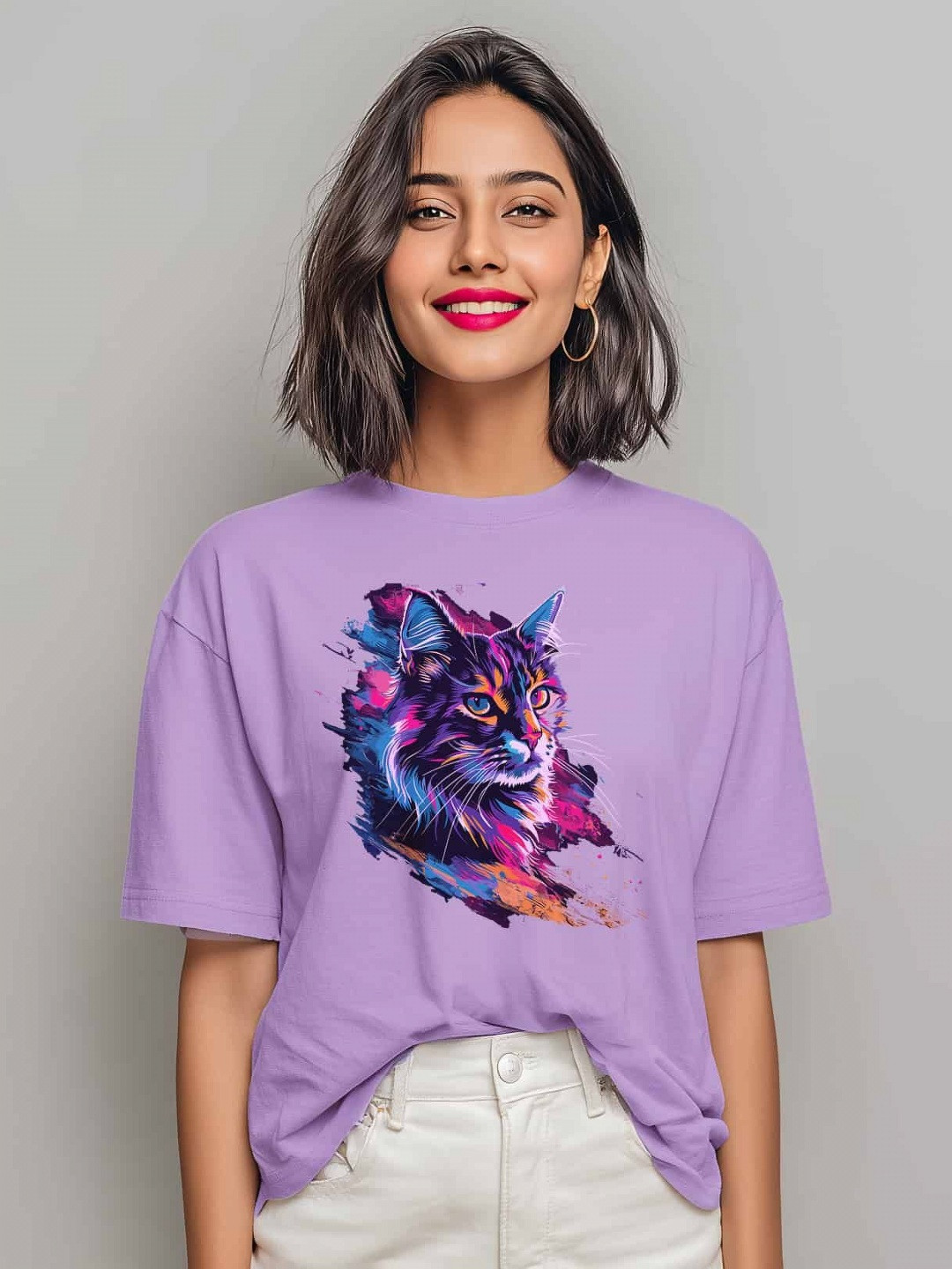 Storeily Whisker Wonderland Graphic Printed Drop-Shoulder Sleeves Cotton Oversized T-shirt