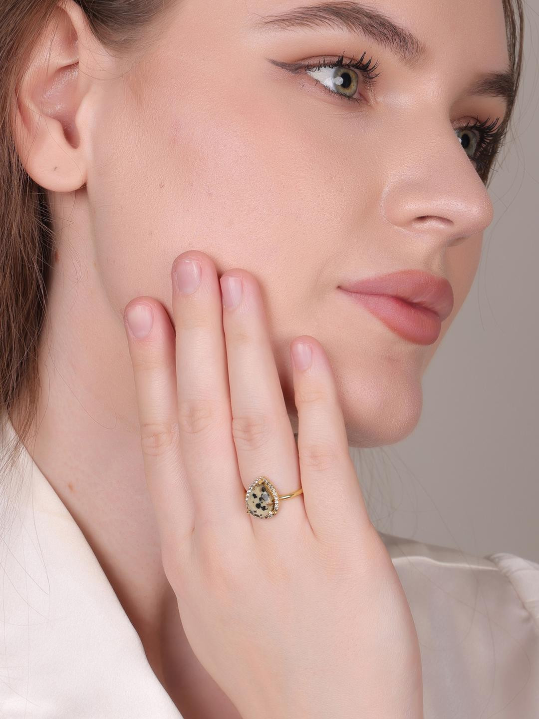 Dua Women Gold-Plated Dalmation Jasper Stone Studded Finger Ring