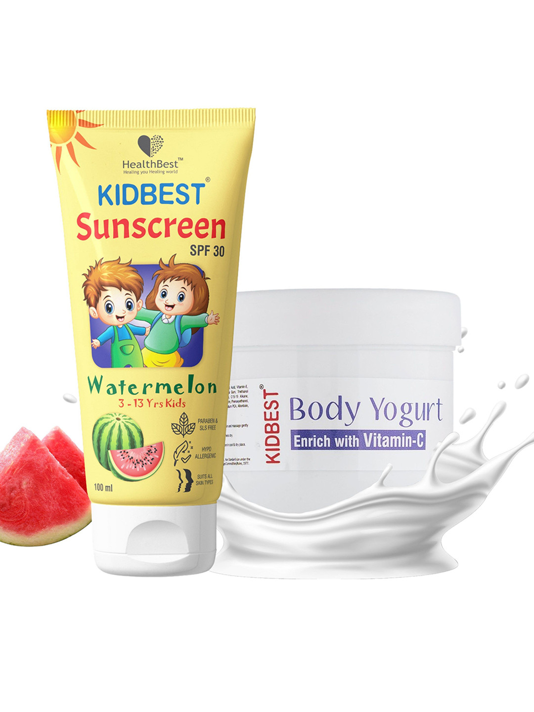 HealthBest Set Of 2 Kidbest Watermelon Cooling Sunscreen-100ml & Body Yogurt Lotion-200g