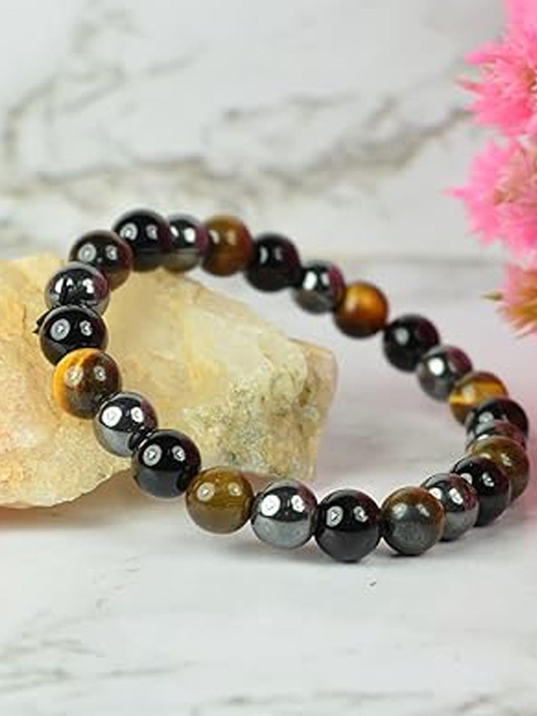 APUNKA D FASHION Men Wraparound Black Obsidian Hematite Tiger Eye Stone Bracelet.