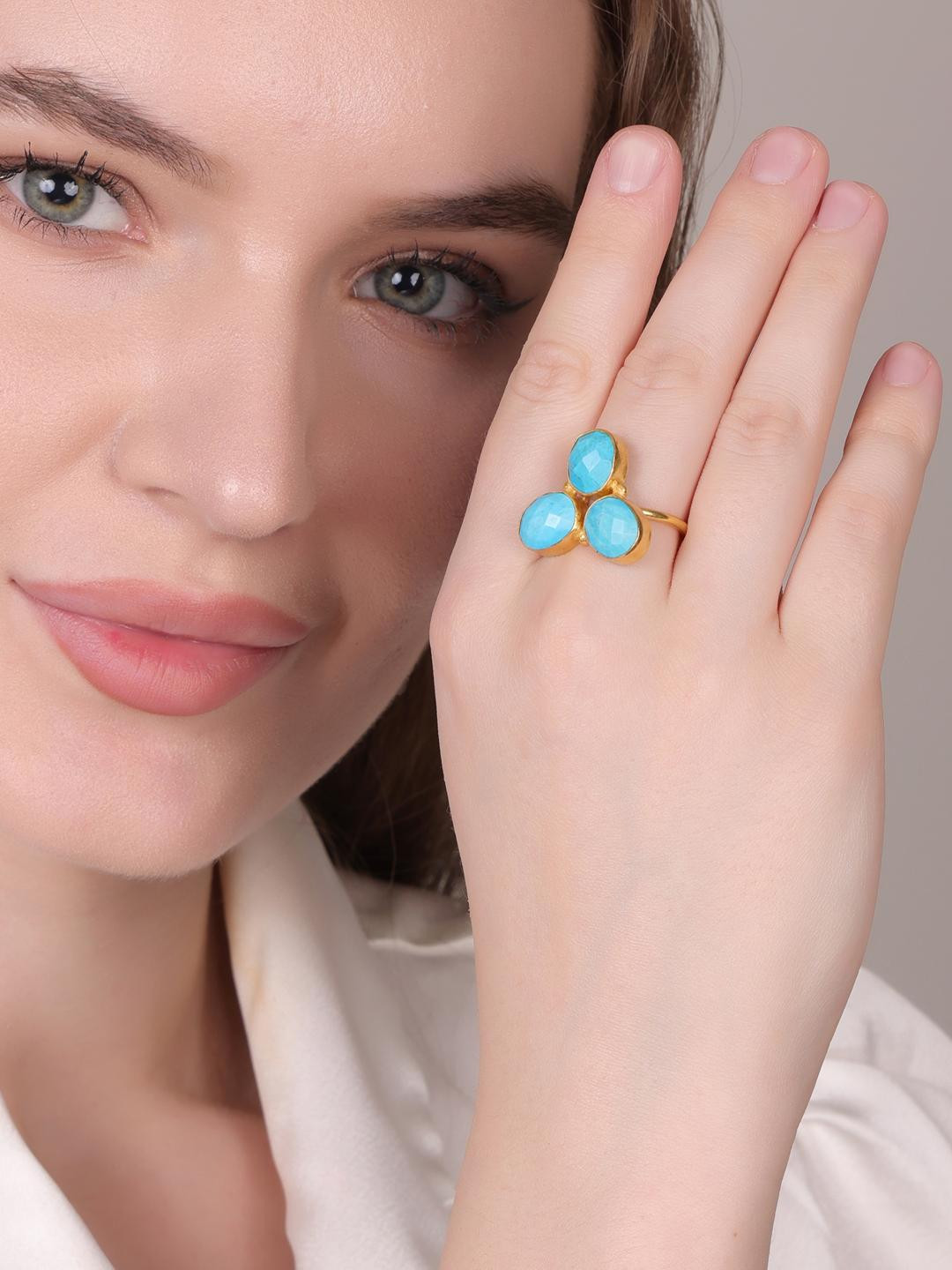 Dua Turquoise Brass Gold-Plated Finger Ring with Turquoise Stones