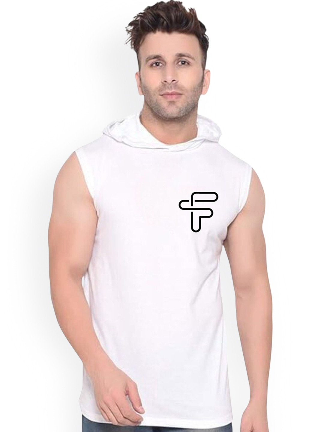 FABSTIEVE Printed Cotton Hooded Gym Vest  VK-44B_pt-25 White M