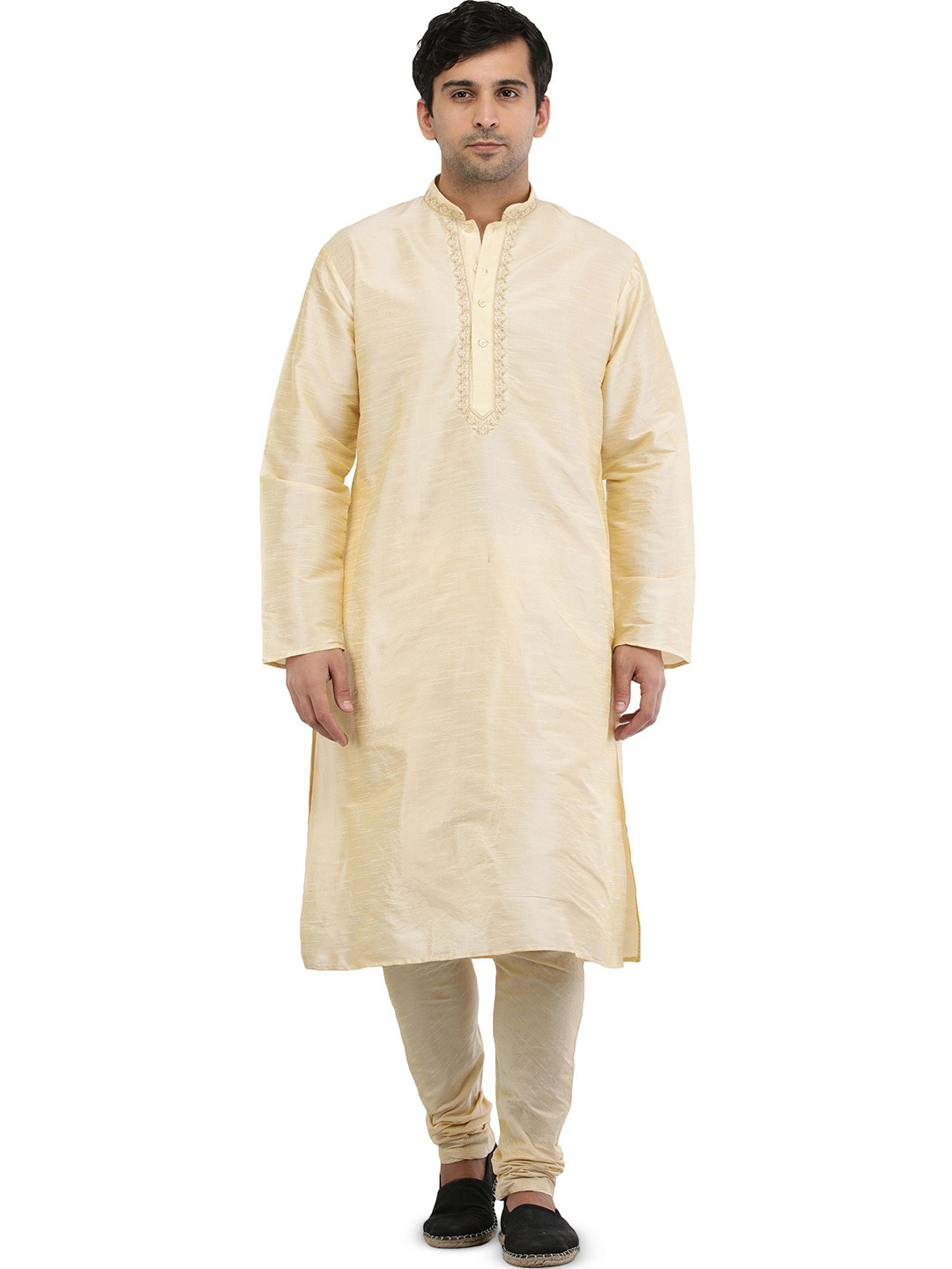 Exotic India Men Banana-Grape Art Silk Plain Wedding Kurta Pajama with Embroidery on Neck