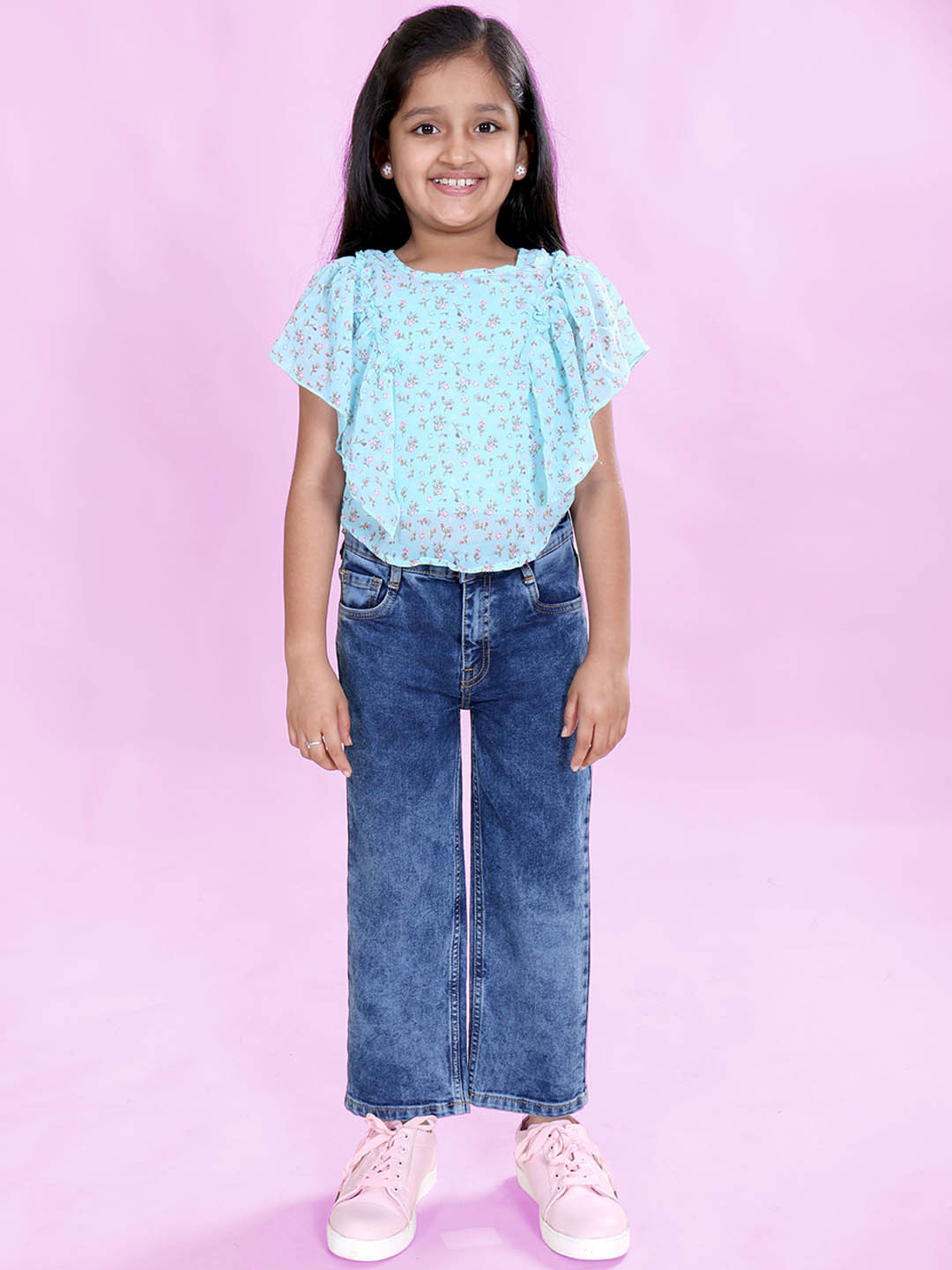 KiddoPanti Girls Printed Top & Denim Flared Utility Cargo Trousers