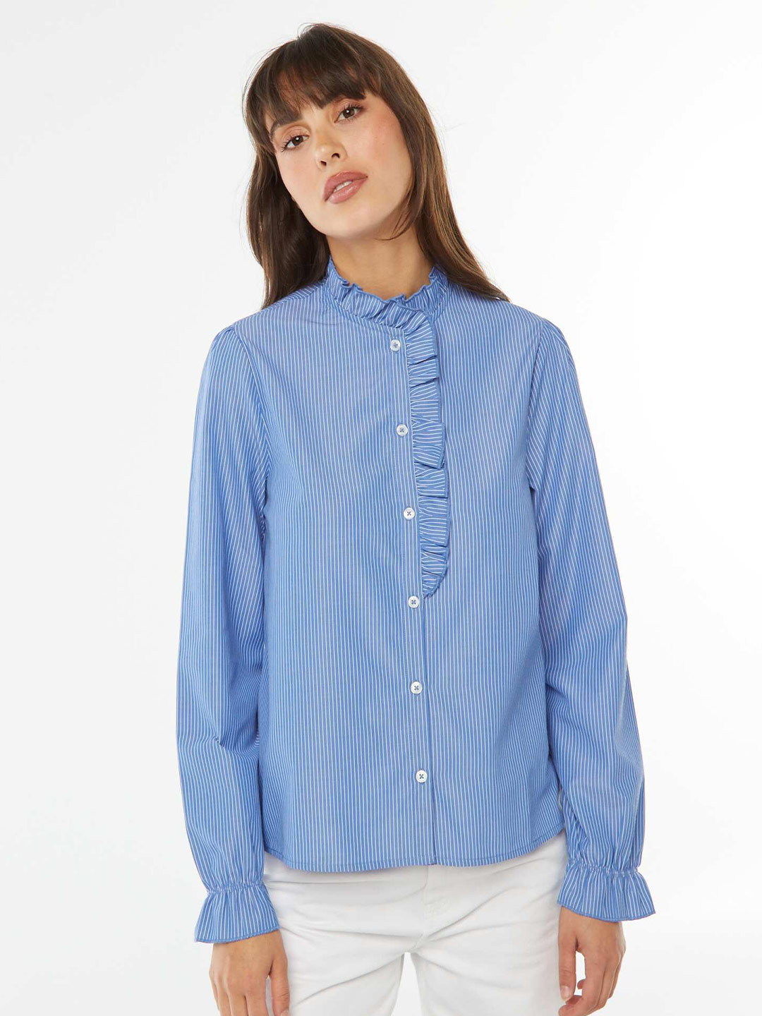 KIABI Comfort Striped Mandarin Collar Ruffed Casual Shirt