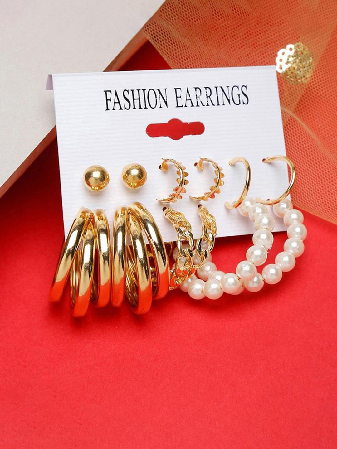 GOLDIWALA Set Of 11 Gold Plated Pearls Beaded Geometric Half Hoop Earrings