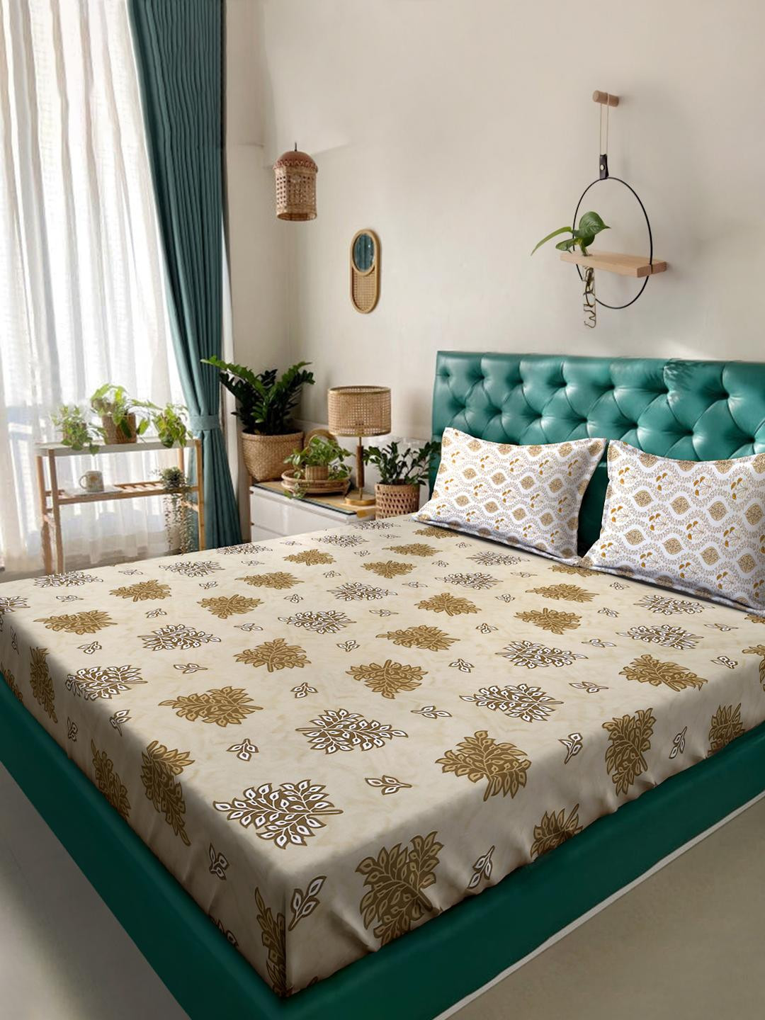 KLOTTHE Yellow Floral 400 TC King Bedsheet with 2 Pillow Covers
