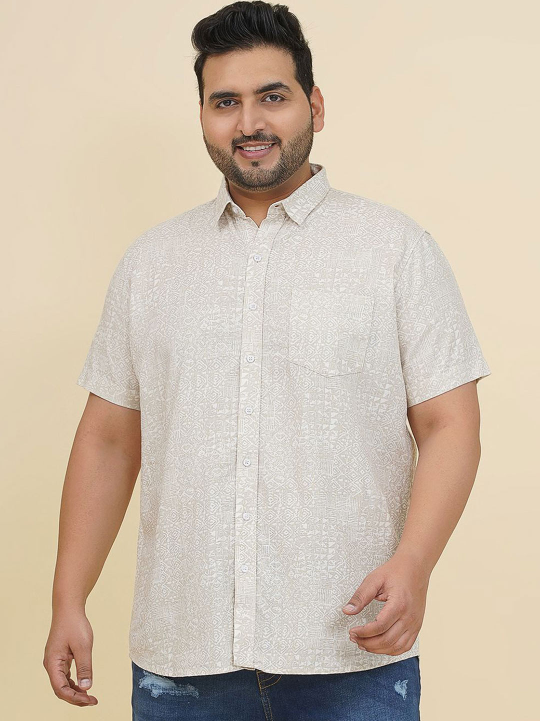 John Pride Abstract Printed Spread Collar Plus Size Casual Shirt