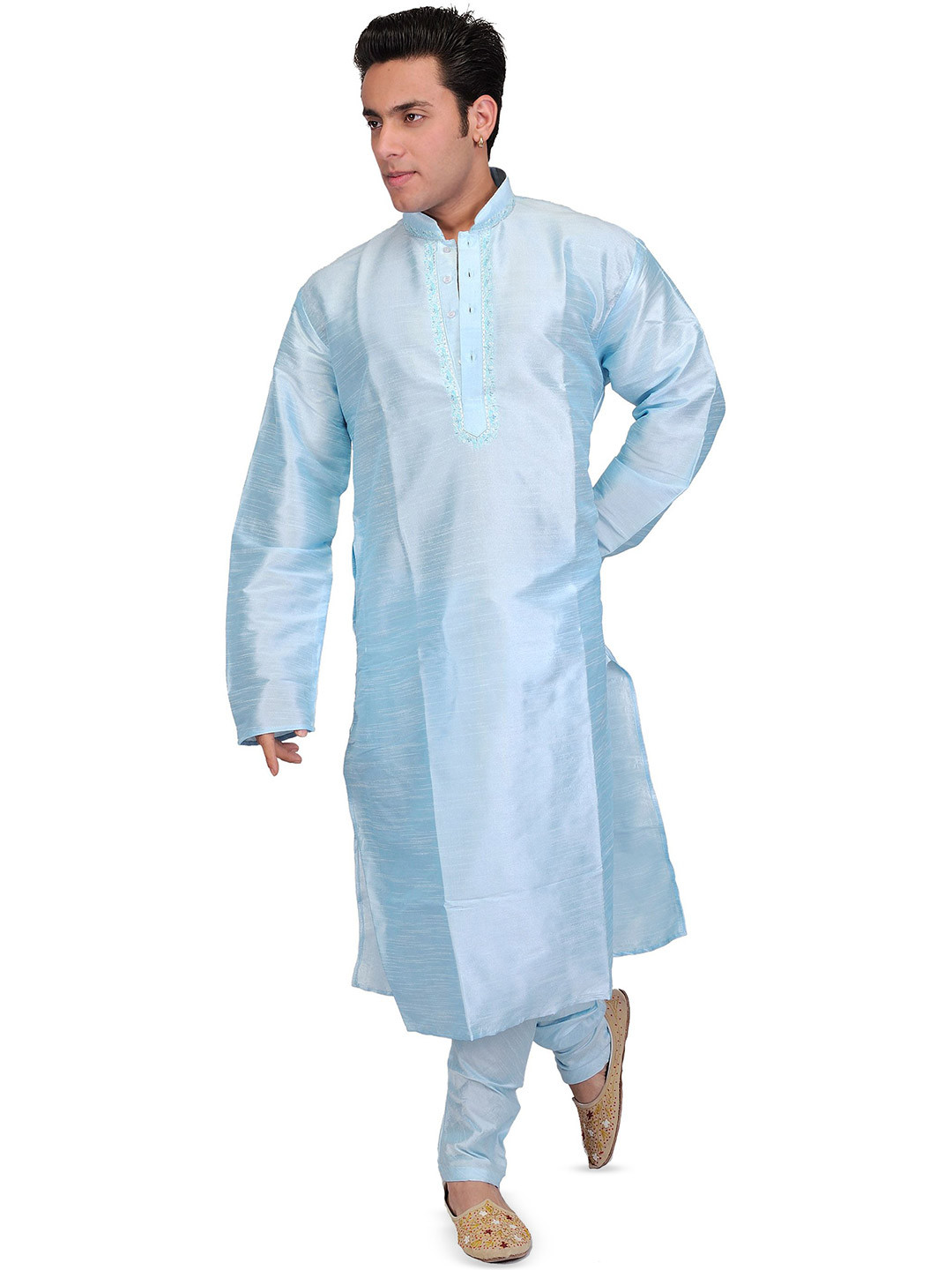 Exotic India Men Aqua-Marine Art Silk Plain Wedding Kurta Pajama with Embroidery on Neck