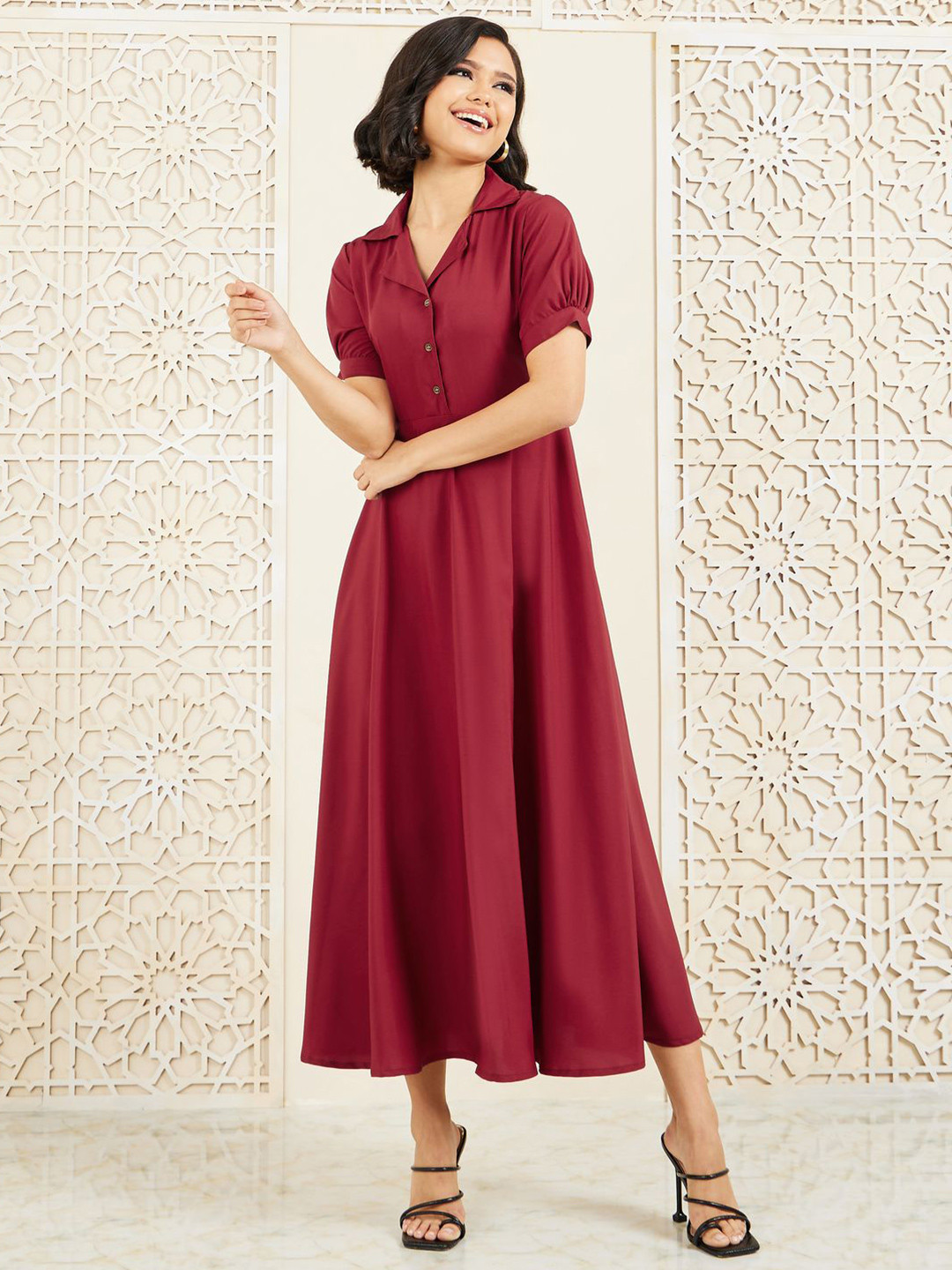 Styli Women Cherry Red Puff Sleeve A-Line Midi Dress
