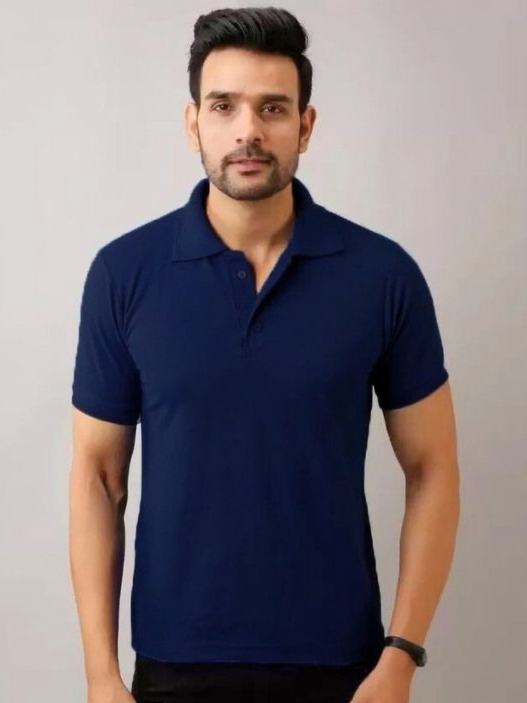 URBANICE Navy Blue Polo Collar Regular Fit T-shirt