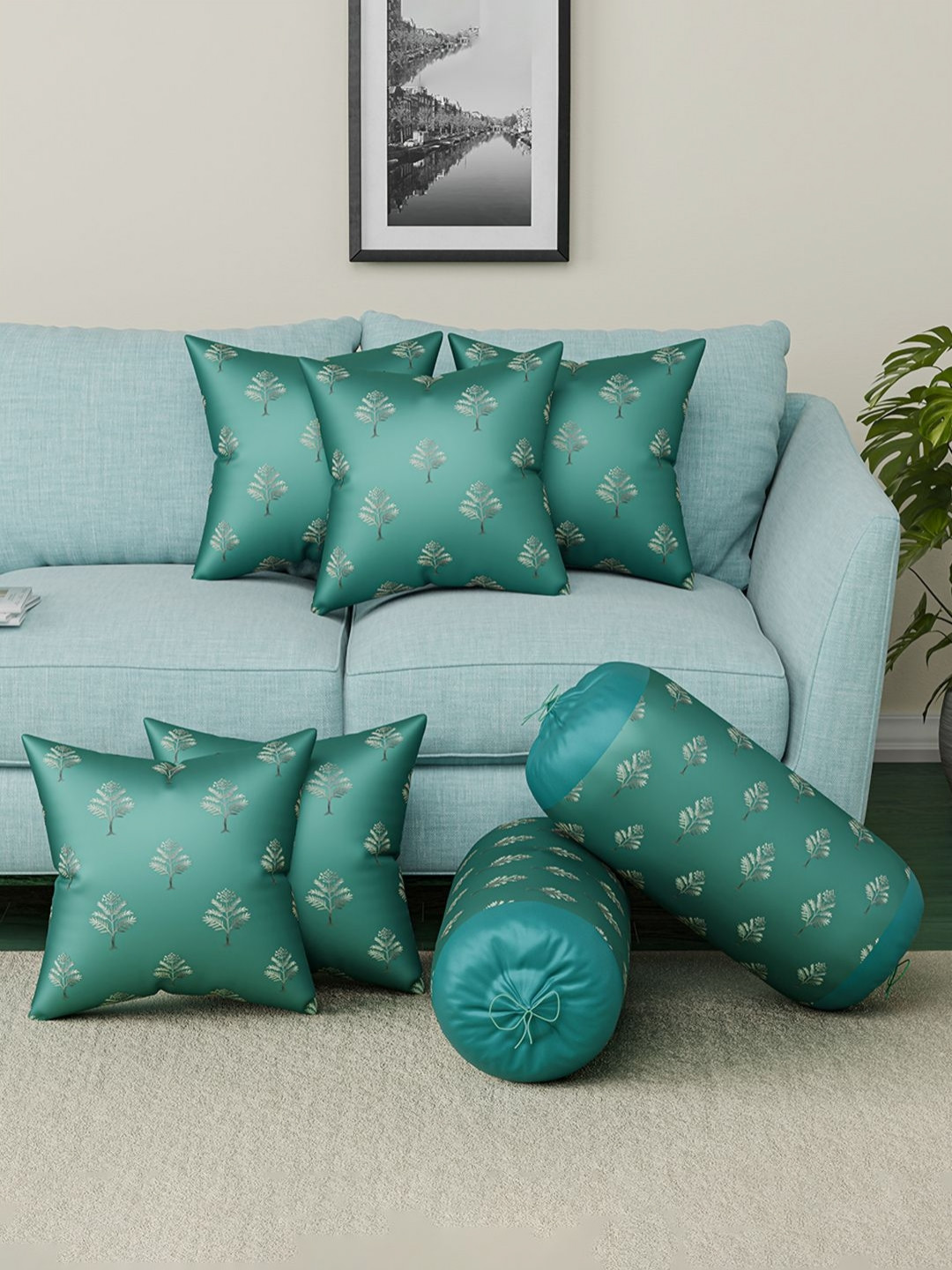 RUBOXA Green 7 Pieces Microfiber Ethnic Motifs Cushion & Bolster Covers