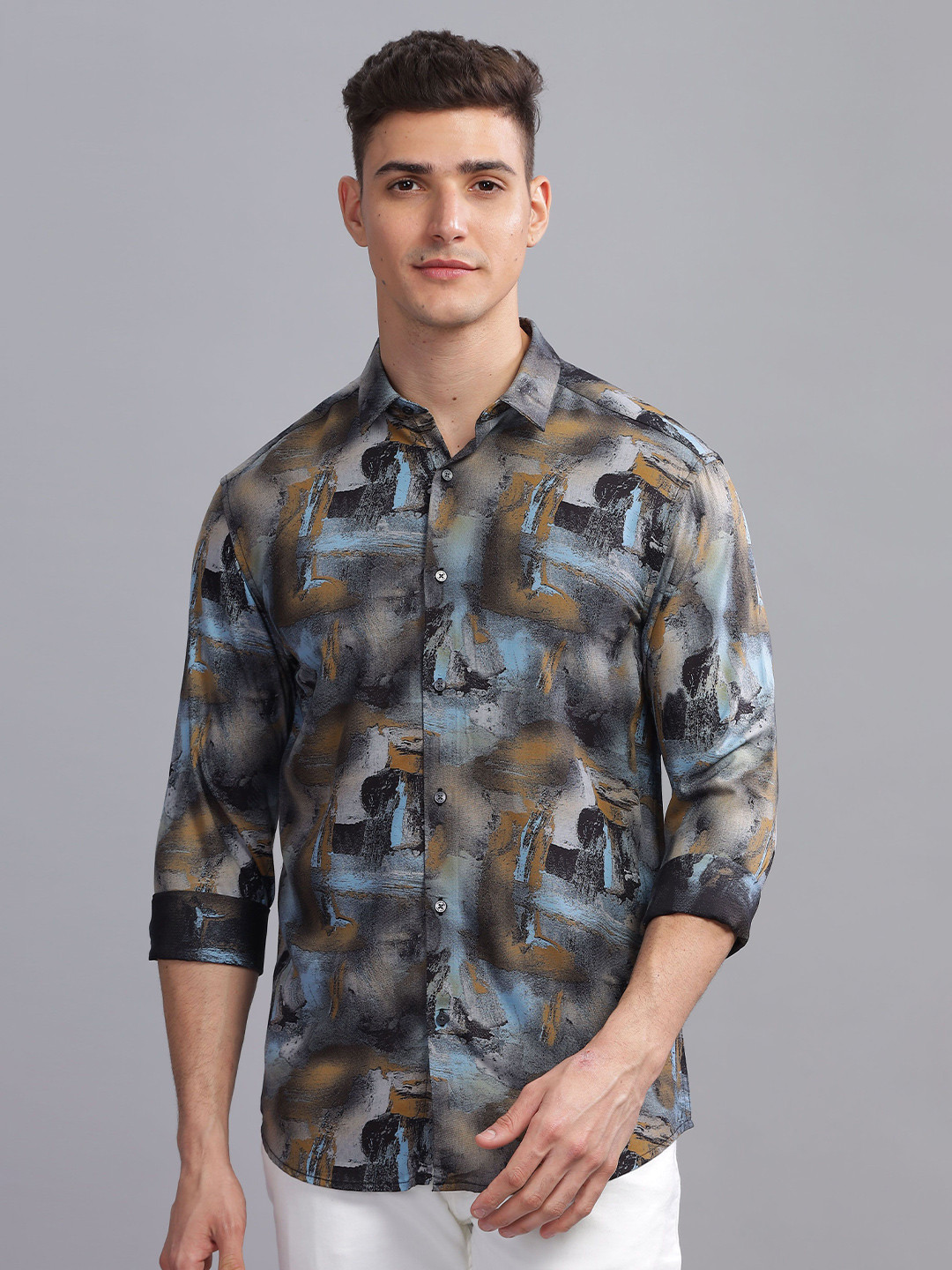 THREE DAYS Comfort Geometric Printed Spread Collar Cotton  Shirt
