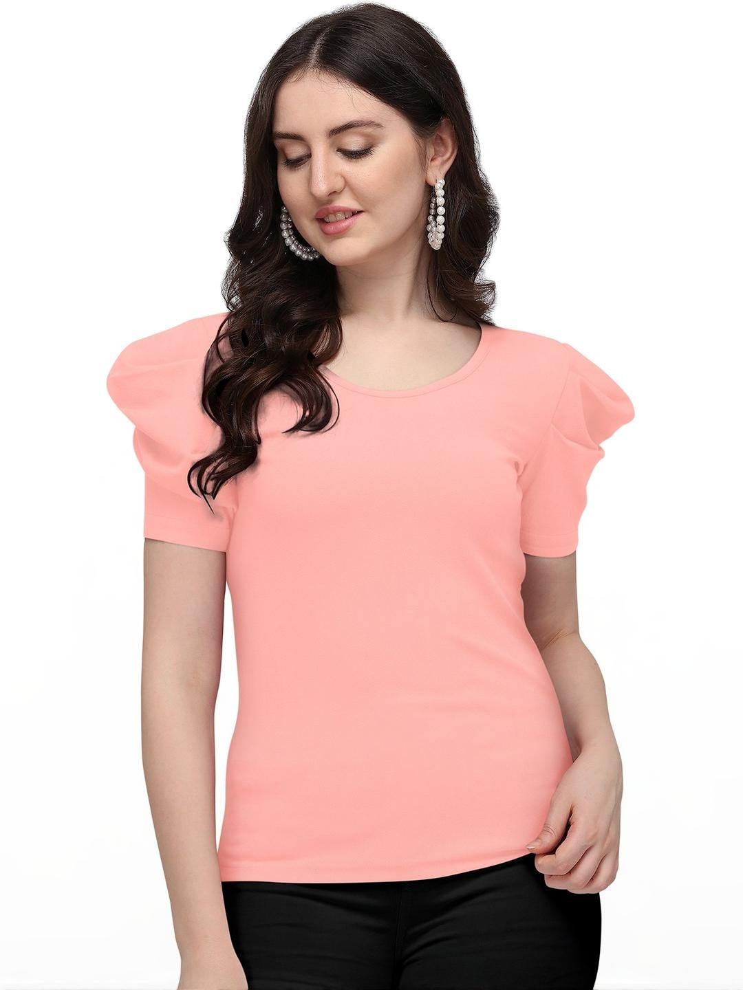 GADHESARIYA Women's Pink Round Neck Puff Sleeve Regular Length Knitted Top